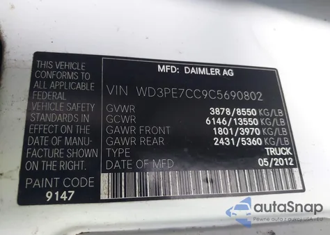 2012 Mercedes-Benz Sprinter 2500 Normal Roof z USA, uszkodzony, nr VIN WD3PE7CC9C5690802